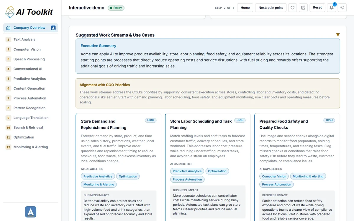 AI Toolkit suggesting ranked work streams for a client, each tagged with the AI capabilities it uses